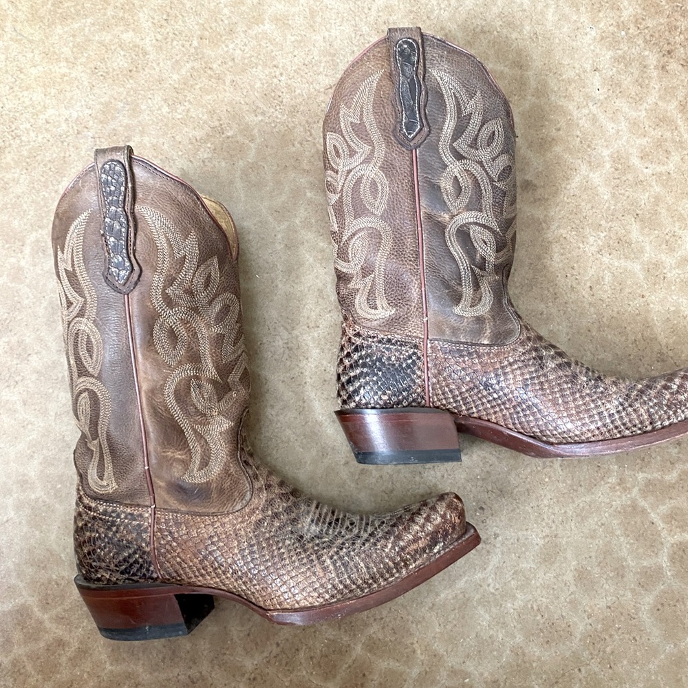 Nocona Leather Boots Bluebonnet Snake Print Old West Boot Sz 7.5B